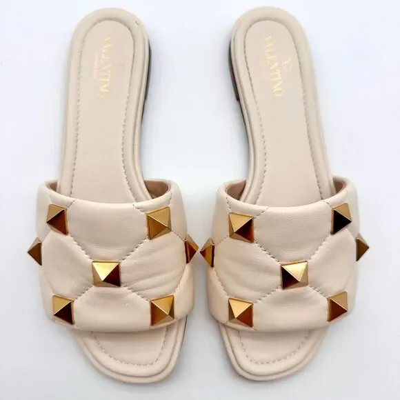 Valentino Garavani Roman Stud Flat Sandals White Leather Studded Slides EU 38.5 - Picture 2 of 13